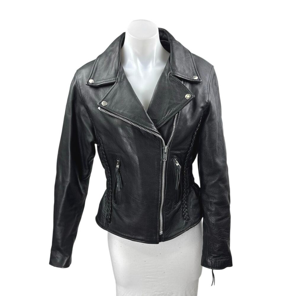 Interstate Leather Genuine Black Long Sleeve Zip Up Biker Motorcycle Jacket XS
